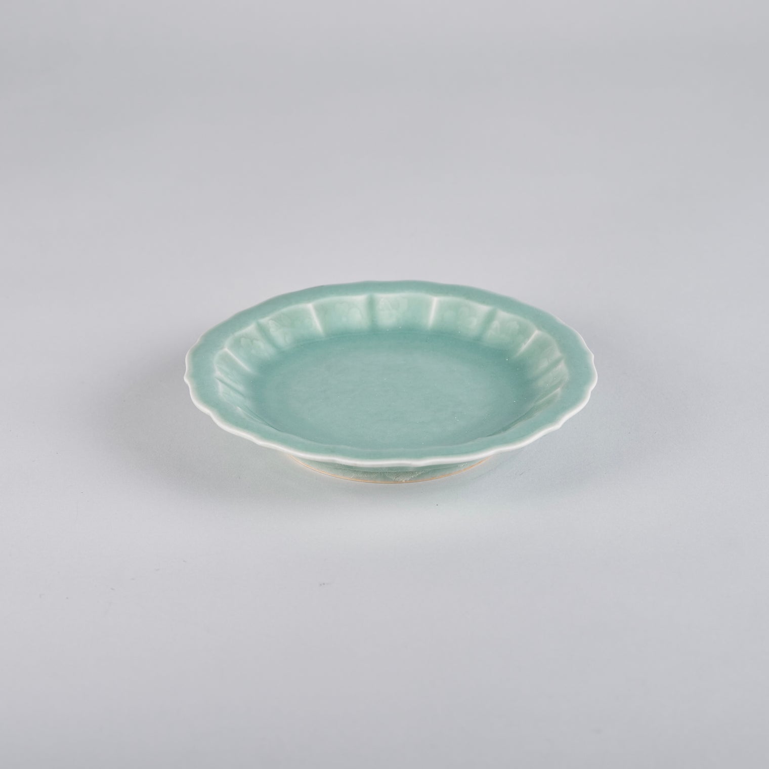 Fukusan Gama Flower and bird carved 5’ dish, Celadon, 16cm x 16cm x H2.8cm