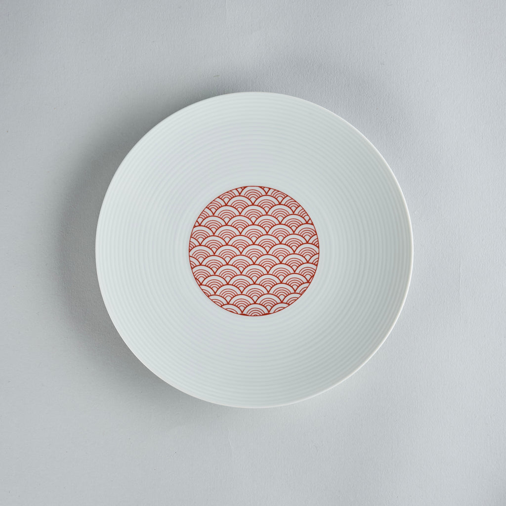 Eiho Porcelain, Seigaiha, Red Plate, 19cm