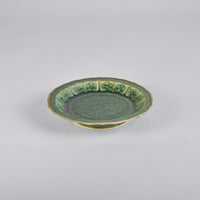 Fukusan Gama Flower and bird carved 5’ dish,  Oribe, 16cm x 16cm x H2.8cm