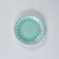 Fukusan Gama Flower and bird carved 5’ dish, Celadon, 16cm x 16cm x H2.8cm