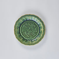 Fukusan Gama Flower and bird carved 5’ dish,  Oribe, 16cm x 16cm x H2.8cm