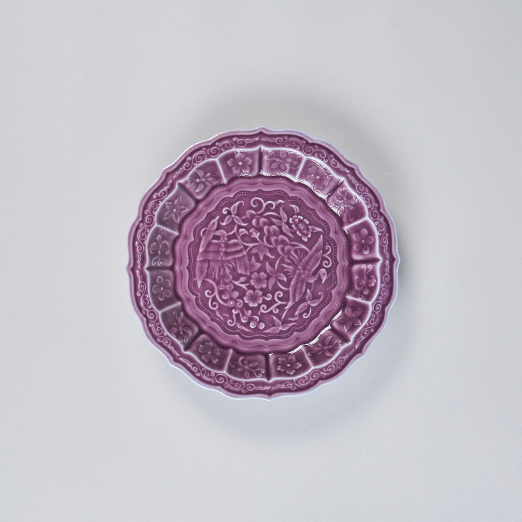 Fukusan Gama Flower and bird carved 5’ dish,  Purple, 16cm x 16cm x H2.8cm