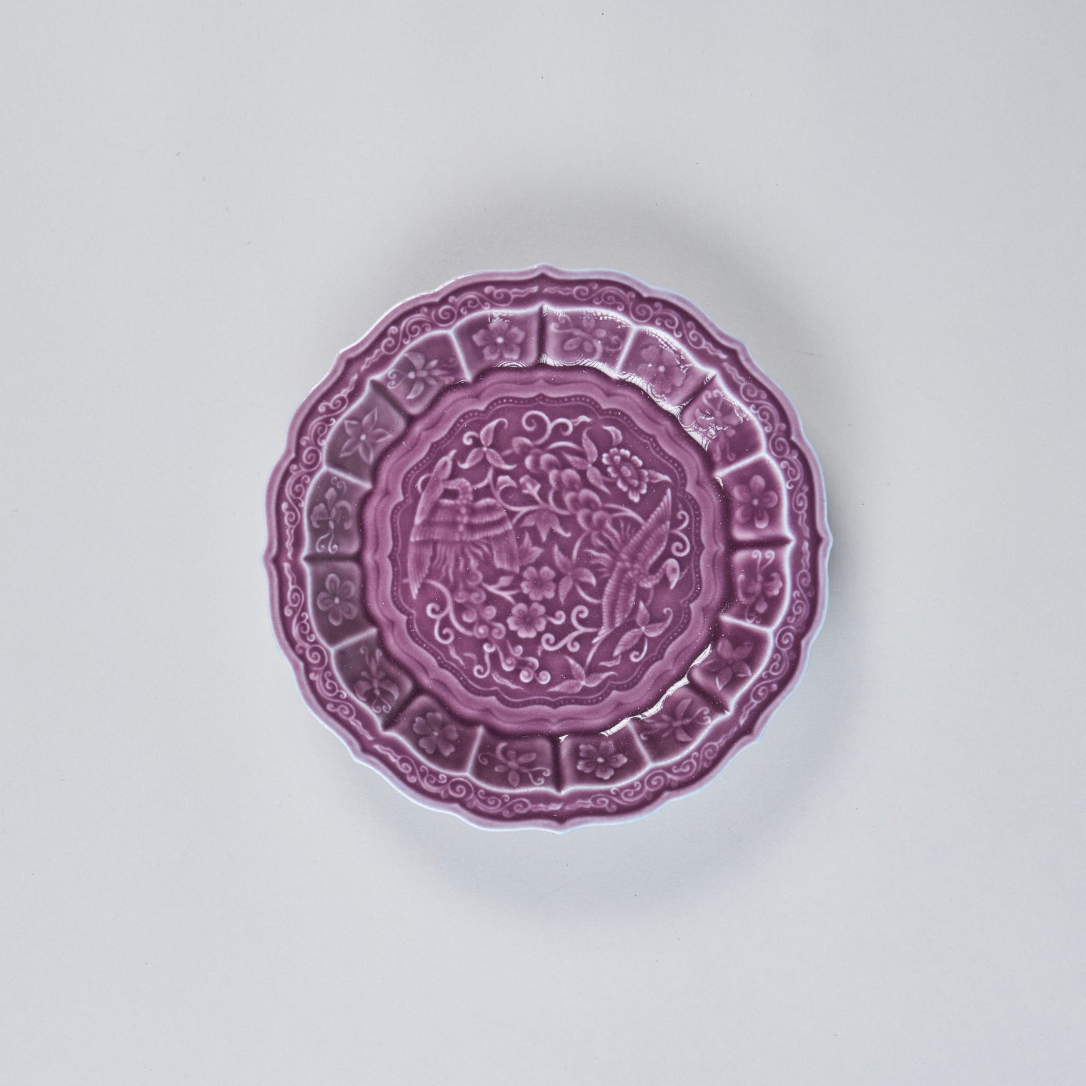 Fukusan Gama Flower and bird carved 5’ dish,  Purple, 16cm x 16cm x H2.8cm